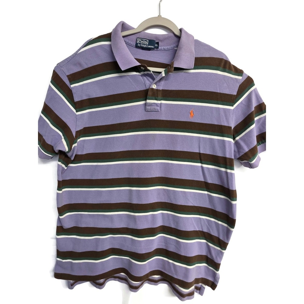 Polo Ralph Lauren Mens XL Purple Brown Striped Short Sleeve Pique Polo Shirt